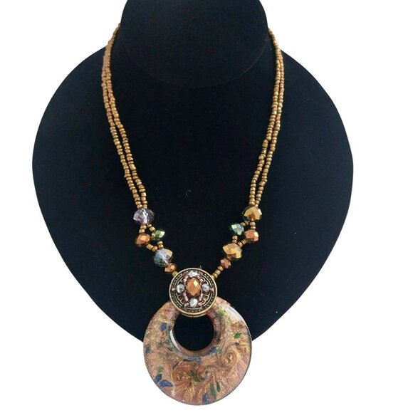 Boho Artisan Glass Pendant Necklace Bronze Beaded Statement Jewelry Maximalism - Picture 1 of 11